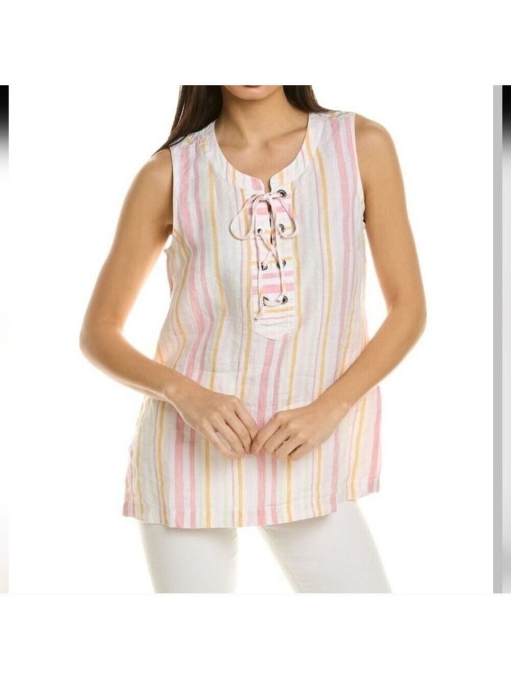 Tommy Bahama Sleeveless Top 100% Linen Striped Lace-Up Pink Yellow Large